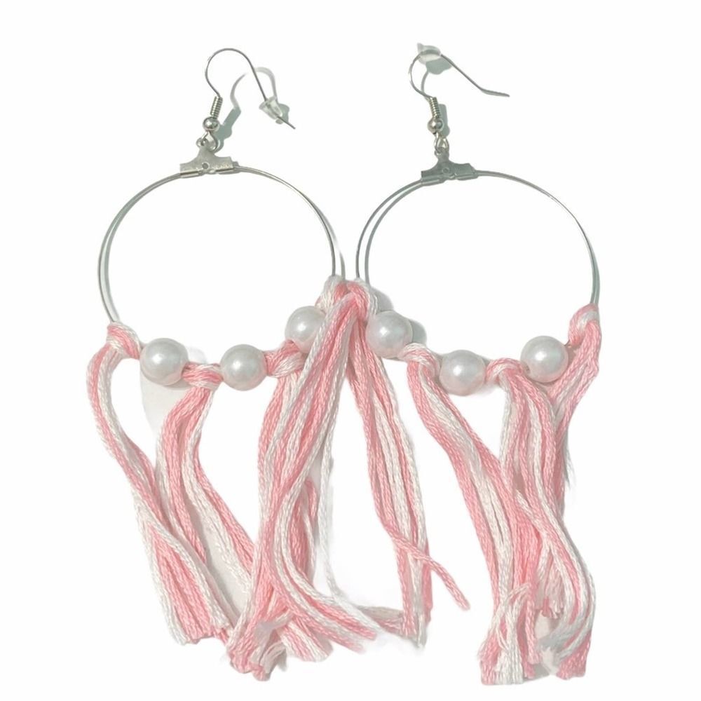 Statement Earrings Tassel Fringe Big Hoops Faux Pearl Silver Pink‎ White Silver